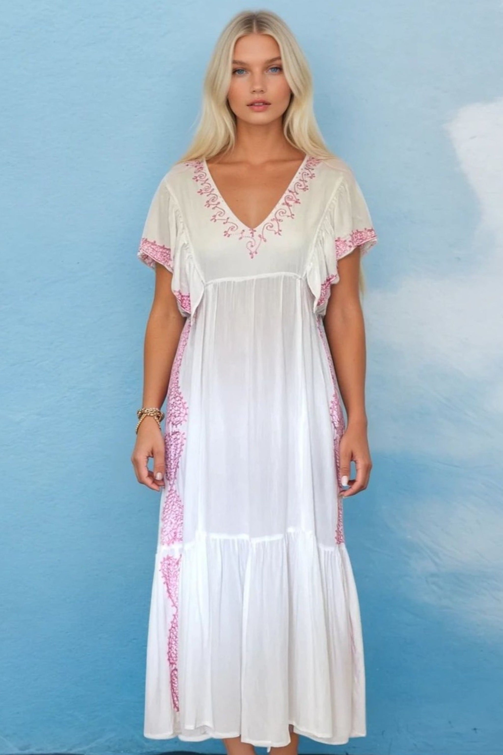 White pink cotton maxi dresses by Lindsey Brown resort wear