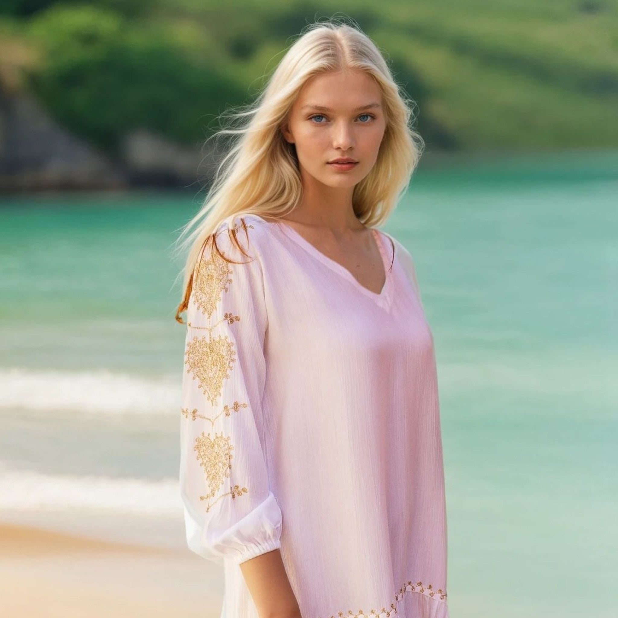 white cotton knee length beach dress by Lindsey Brown resort wear