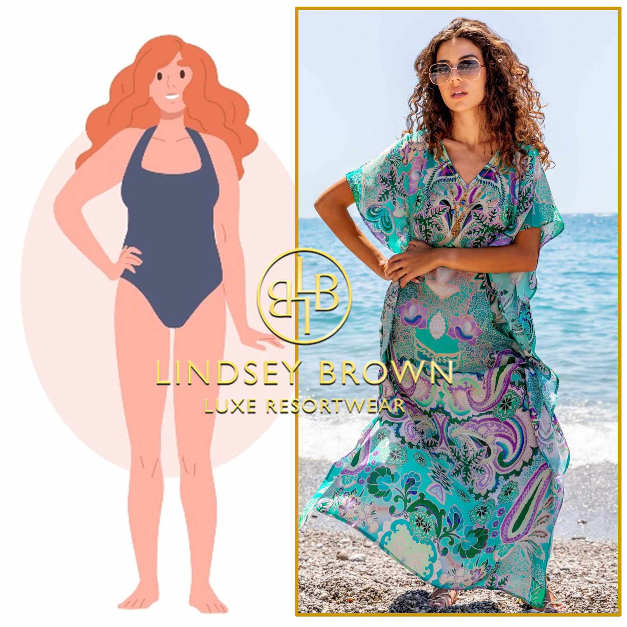 angled printed maxi kaftans that suit an apple body shape