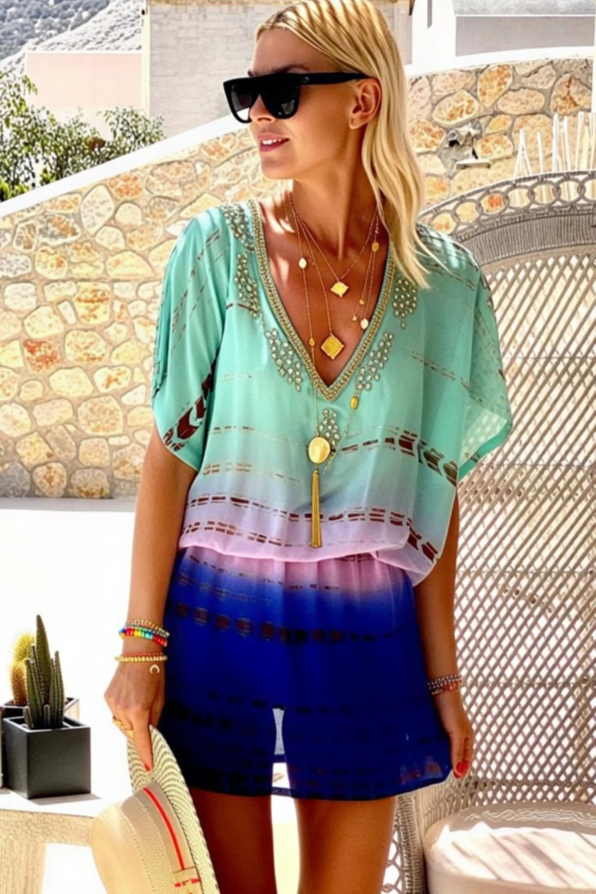 aqua ombre silk kaftan dress to wear on a luxury holiday by lindsey brown resort wear