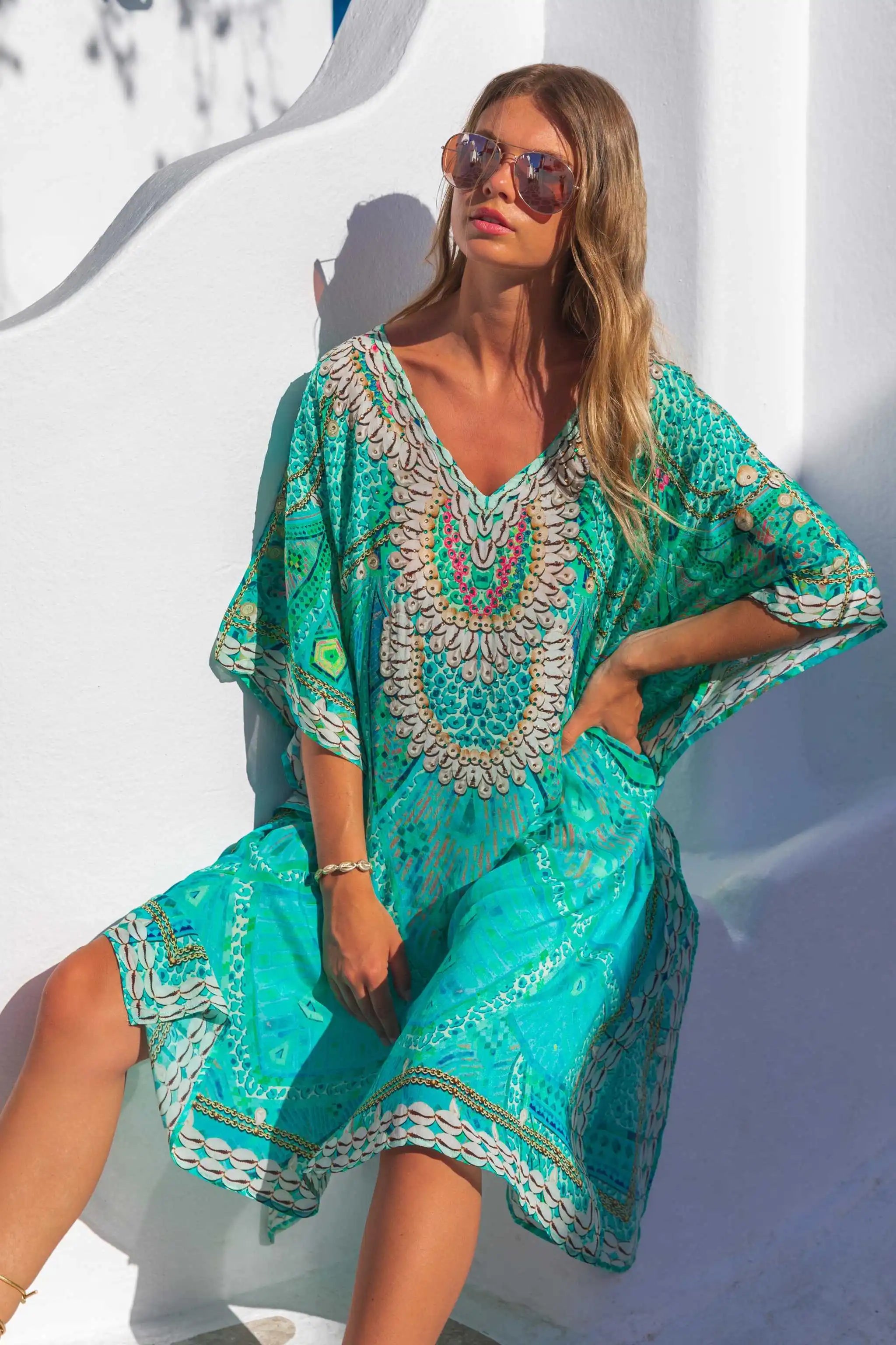 aqua silk printed designer beach cover ups by lindsey brown resort wear