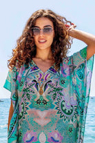 aqua silk printed designer beach cover-ups by Lindsey Brown resort wear 
