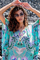 aqua silk printed beach cover ups by Lindsey  Brown silk resort wear