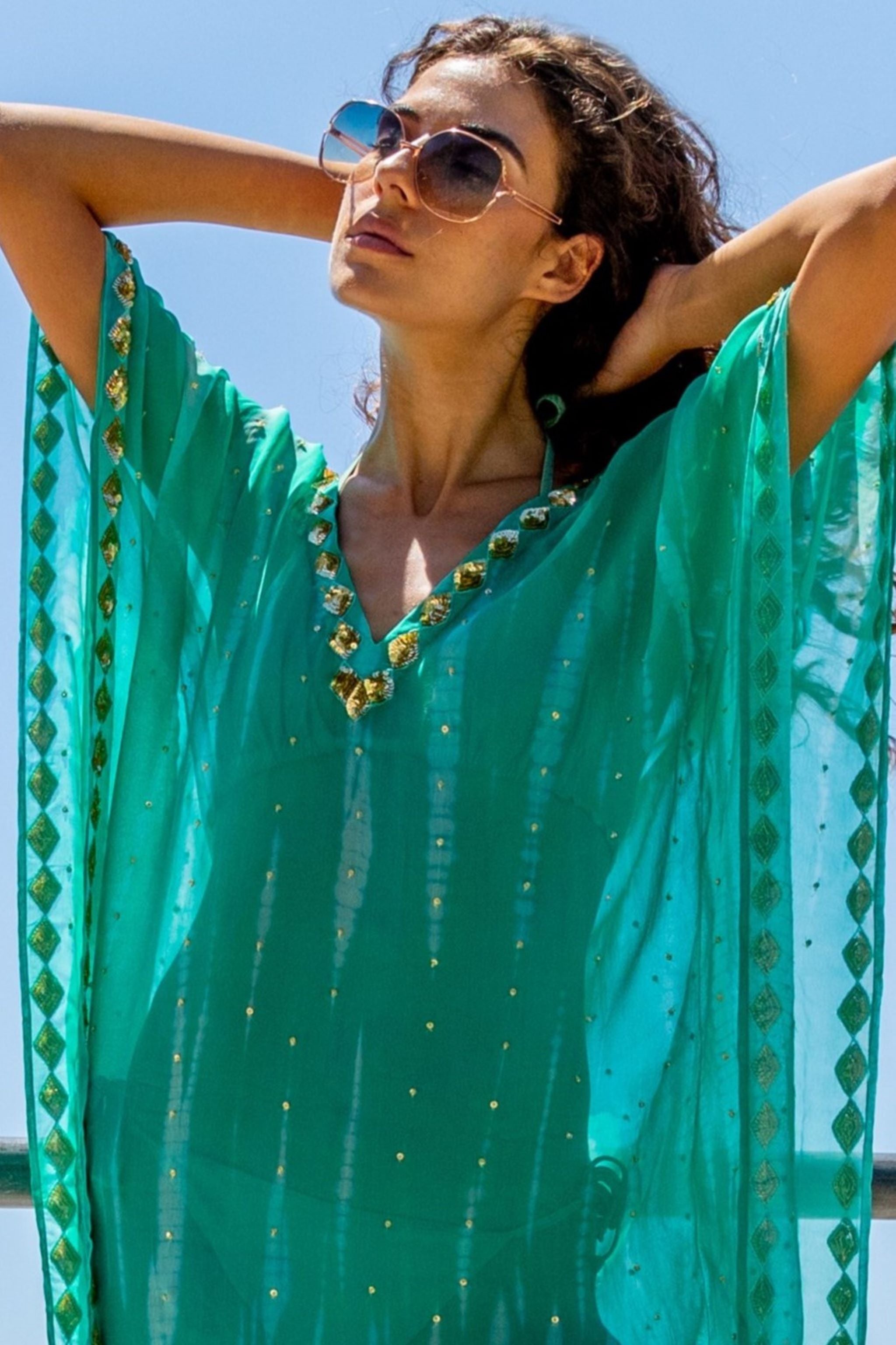 aqua gold silk beach cover up by lindsey brown silk resort wear