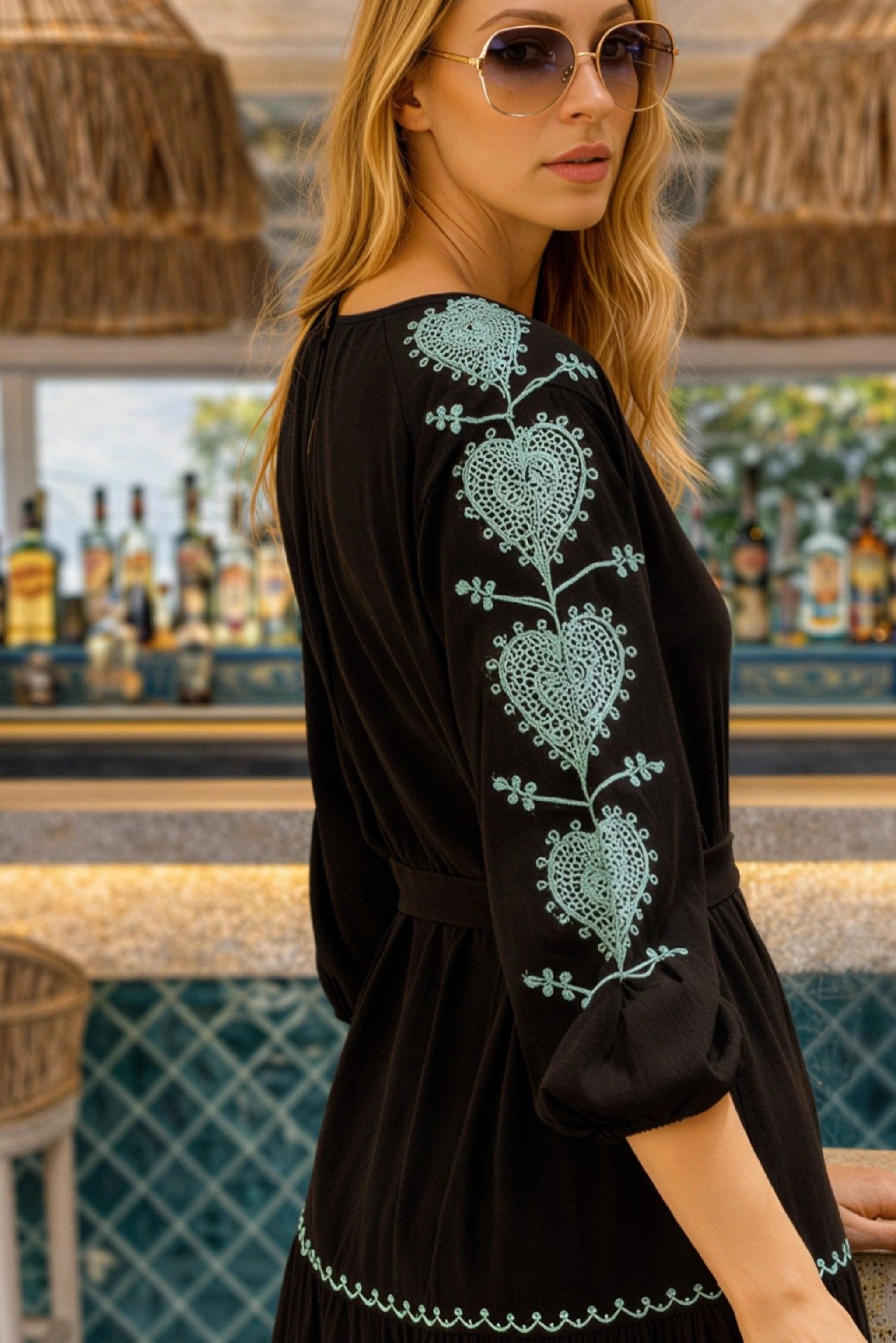 black aqua cotton long sleeved beach dresses for summer holidays