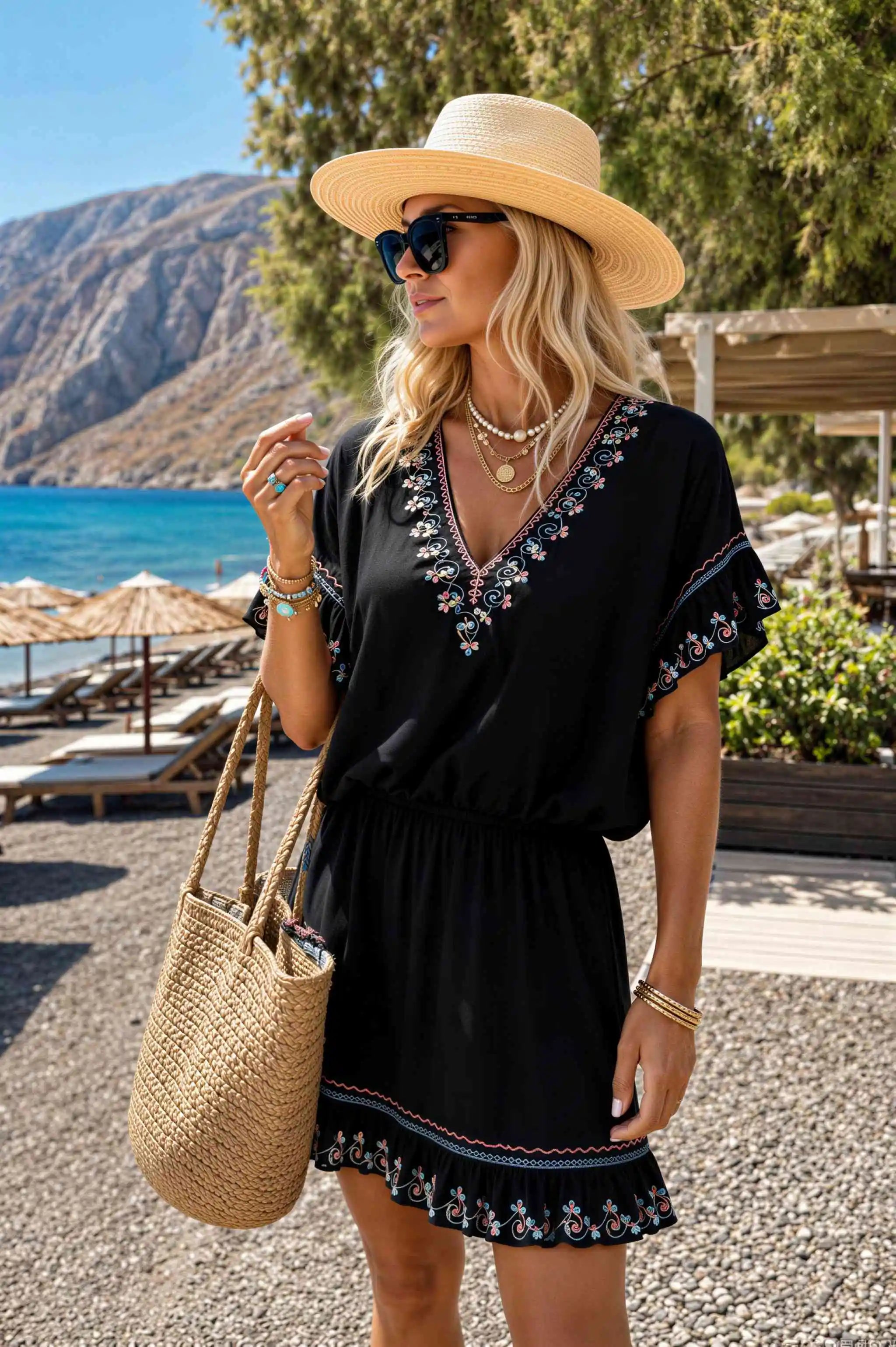 black v neck bloused cotton beach dress to wear on holiday in greece by lindsey brown resort wear