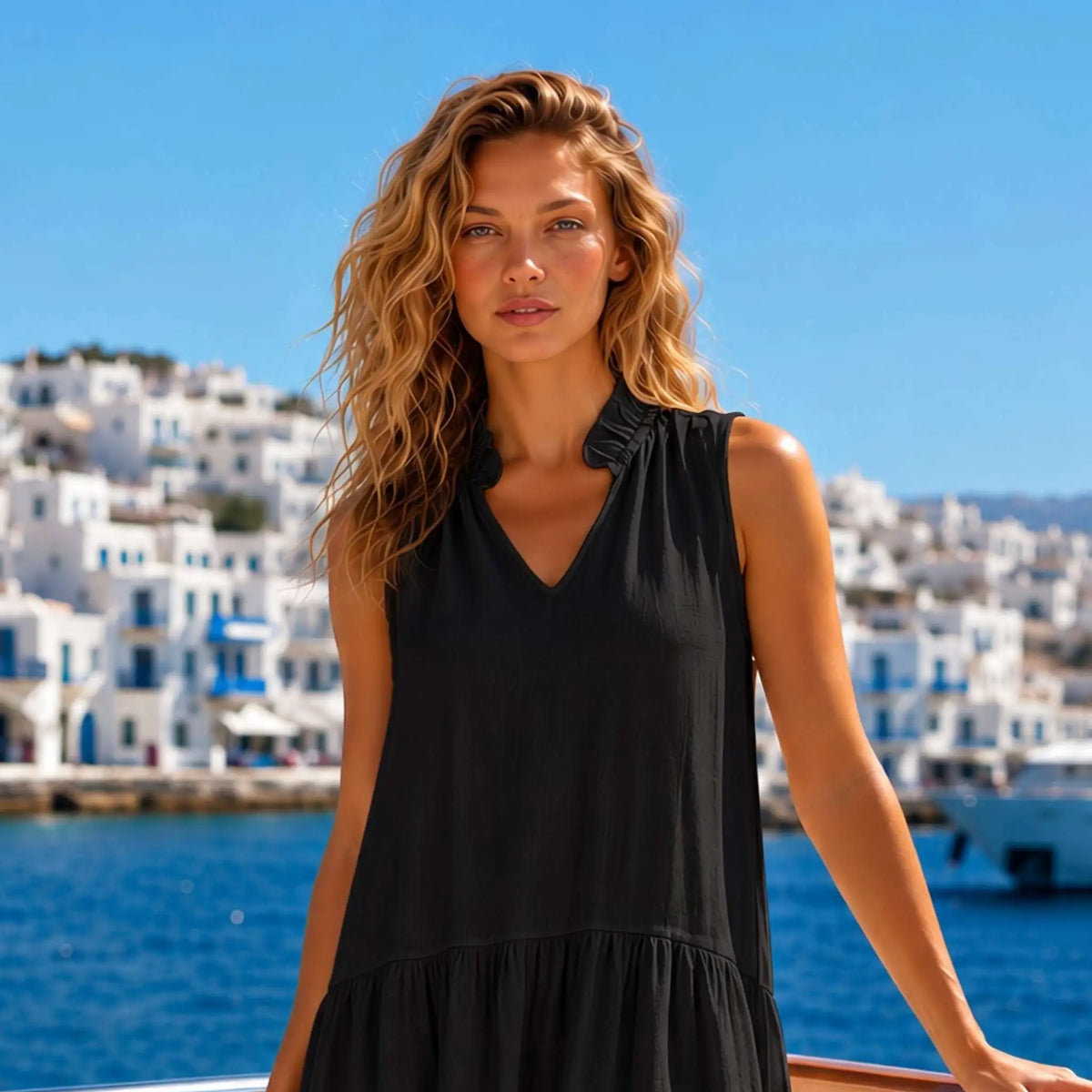 black knee length cotton beach dress by Lindsey Brown luxury resort wear