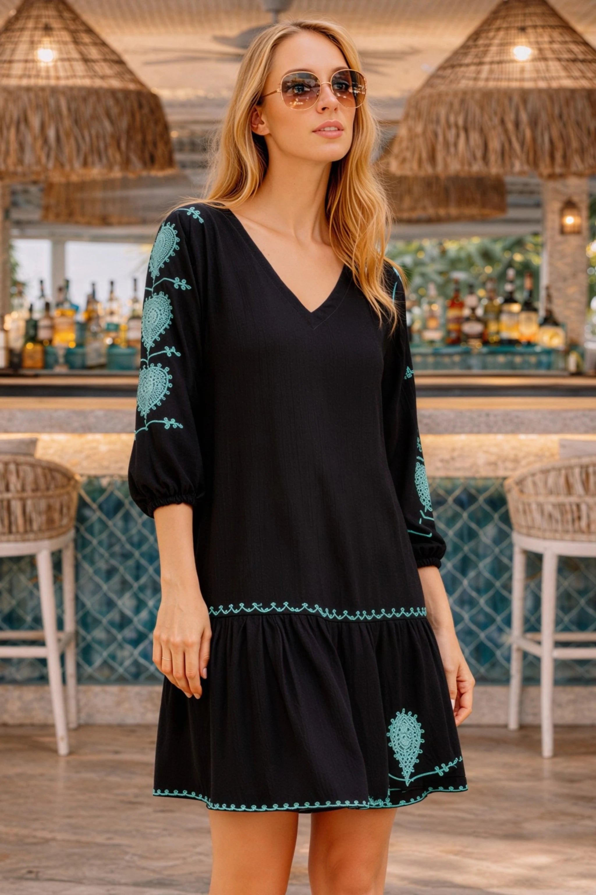 black v neck long sleeved cotton beach dresses