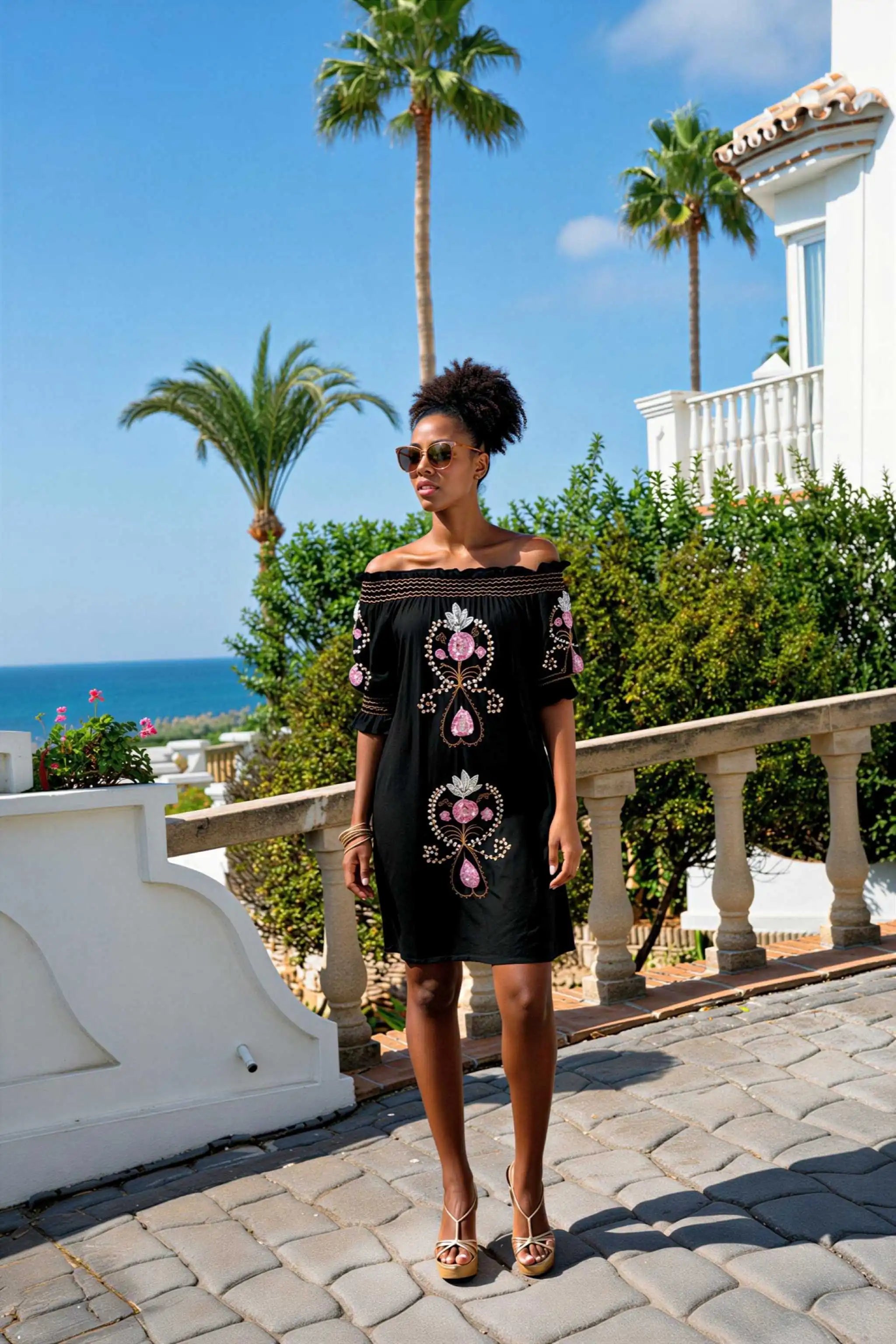 black off the shoulder dress to wear on holiday by lindsey brown