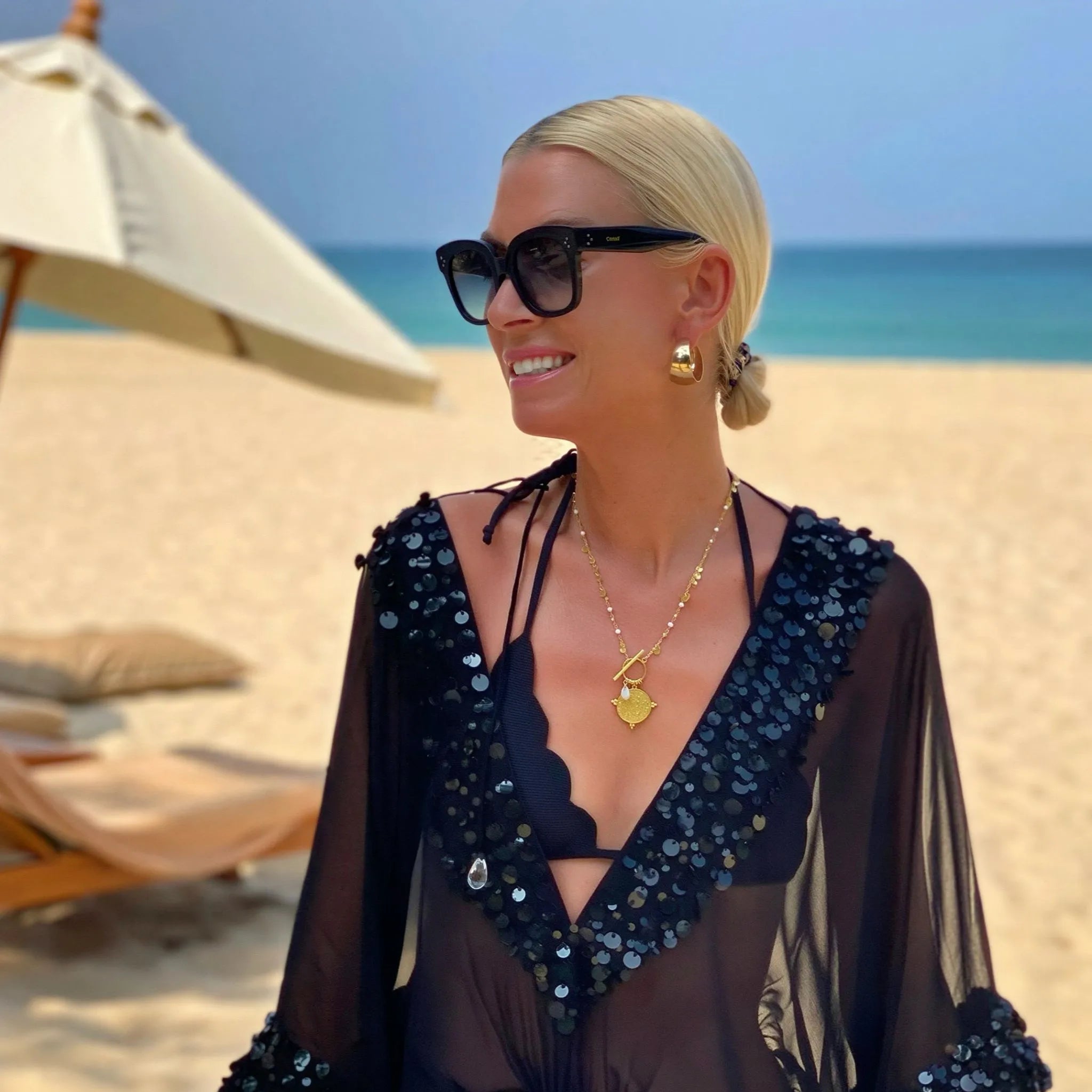 black short silk v neck luxury kaftan to wear to a pool party as seen on anna mavridis