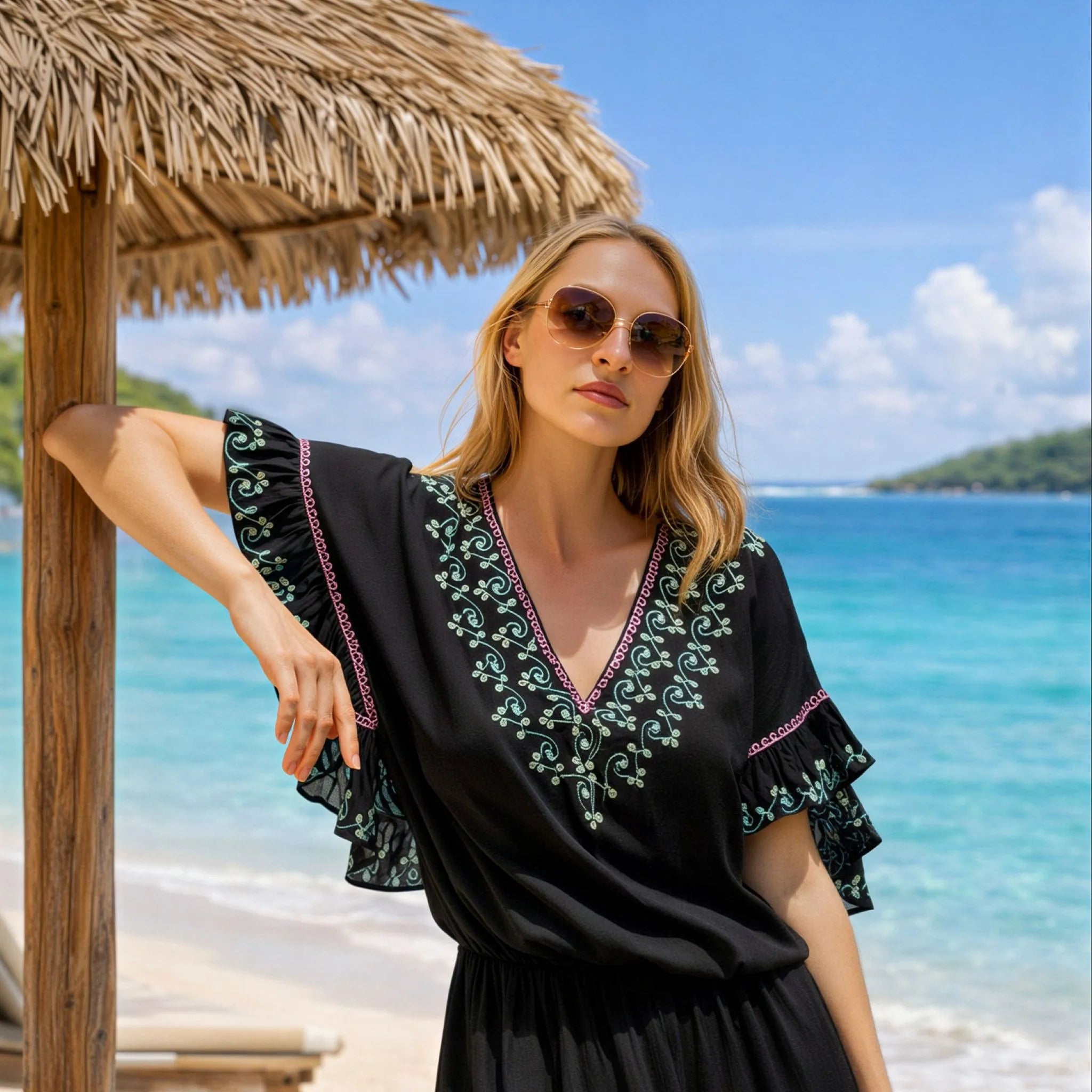 black v neckline embroidered beach dresses to wear on a caribbean cruise holiday by lindsey brown resort wear