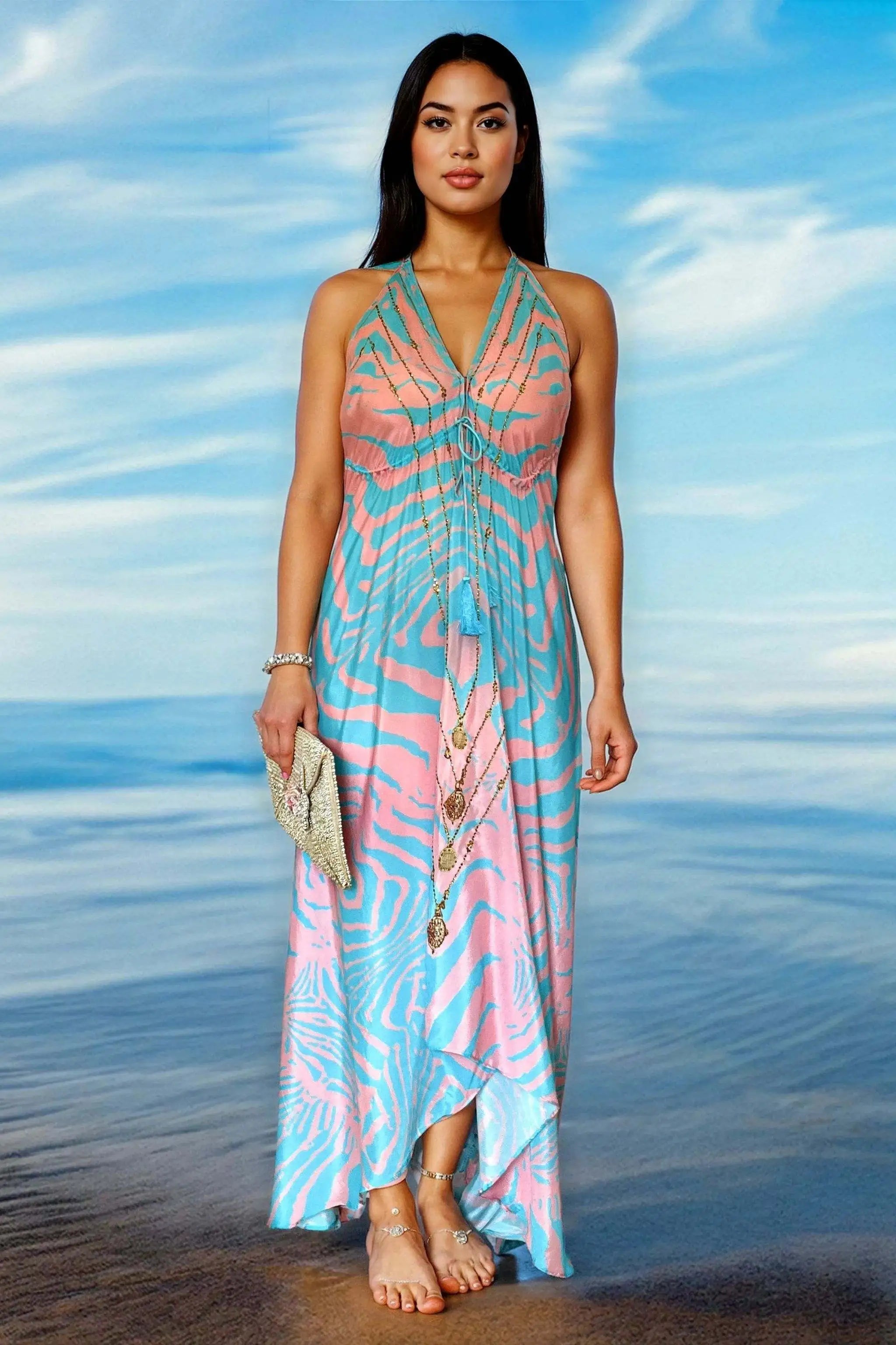 blue and pink silk resort wear dress to wear on vacation by lindsey brown