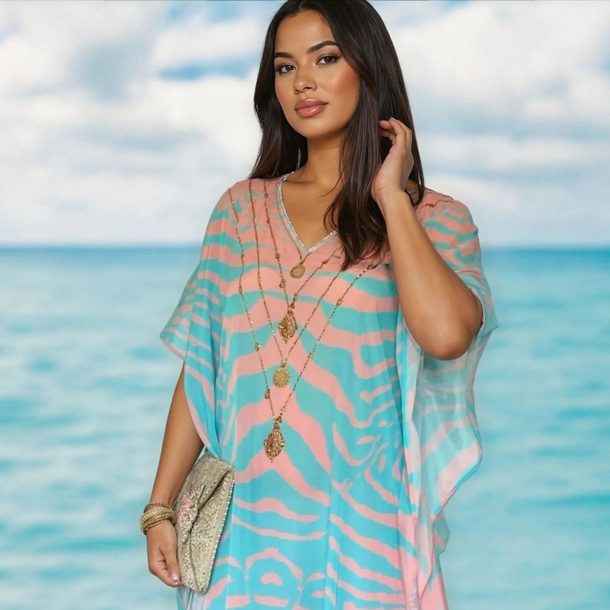 blue and pink designer beach cover ups by Lindsey Brown resort wear