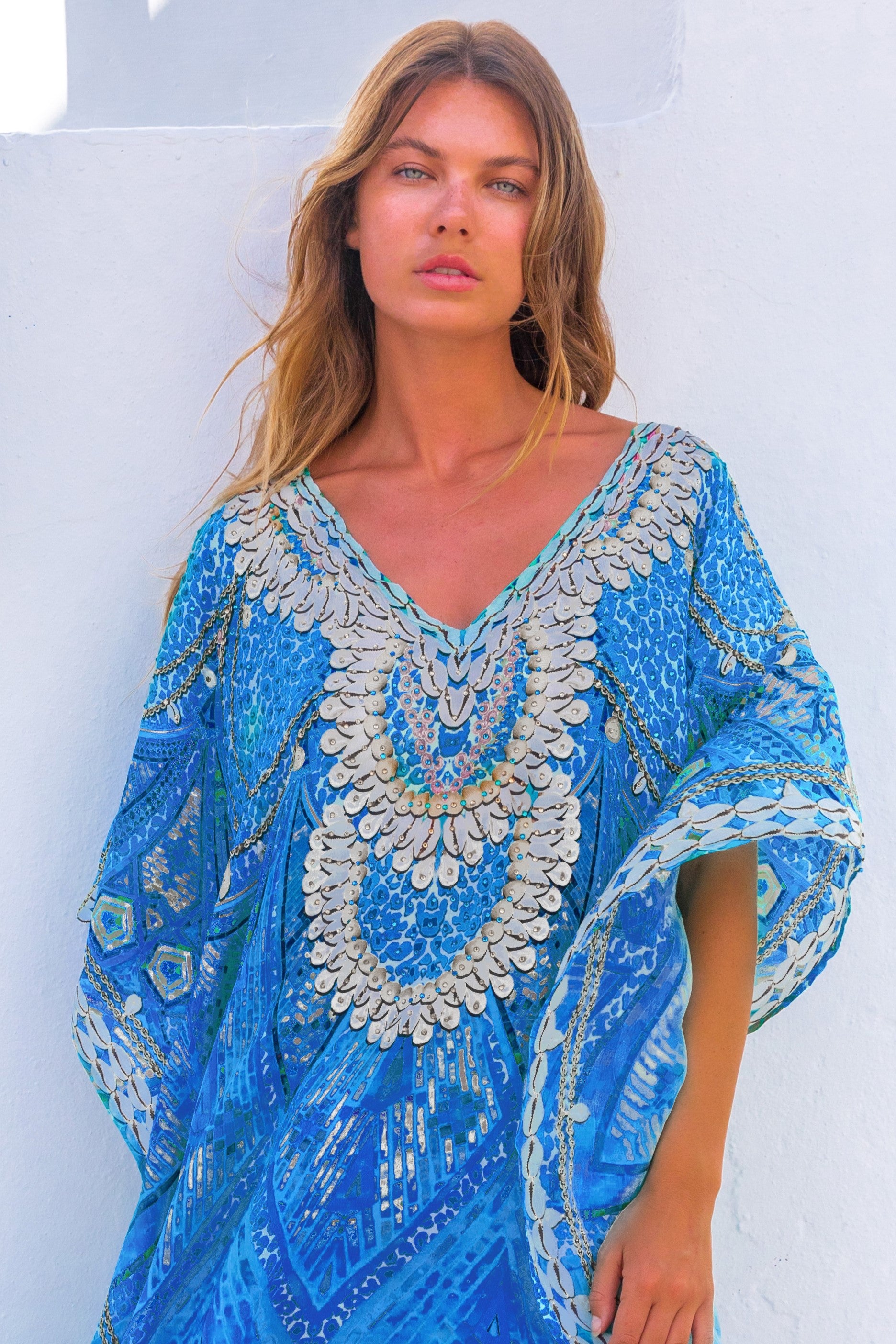 blue silk designer beach cover ups to wear on a Caribbean Cruise by Lindsey Brown