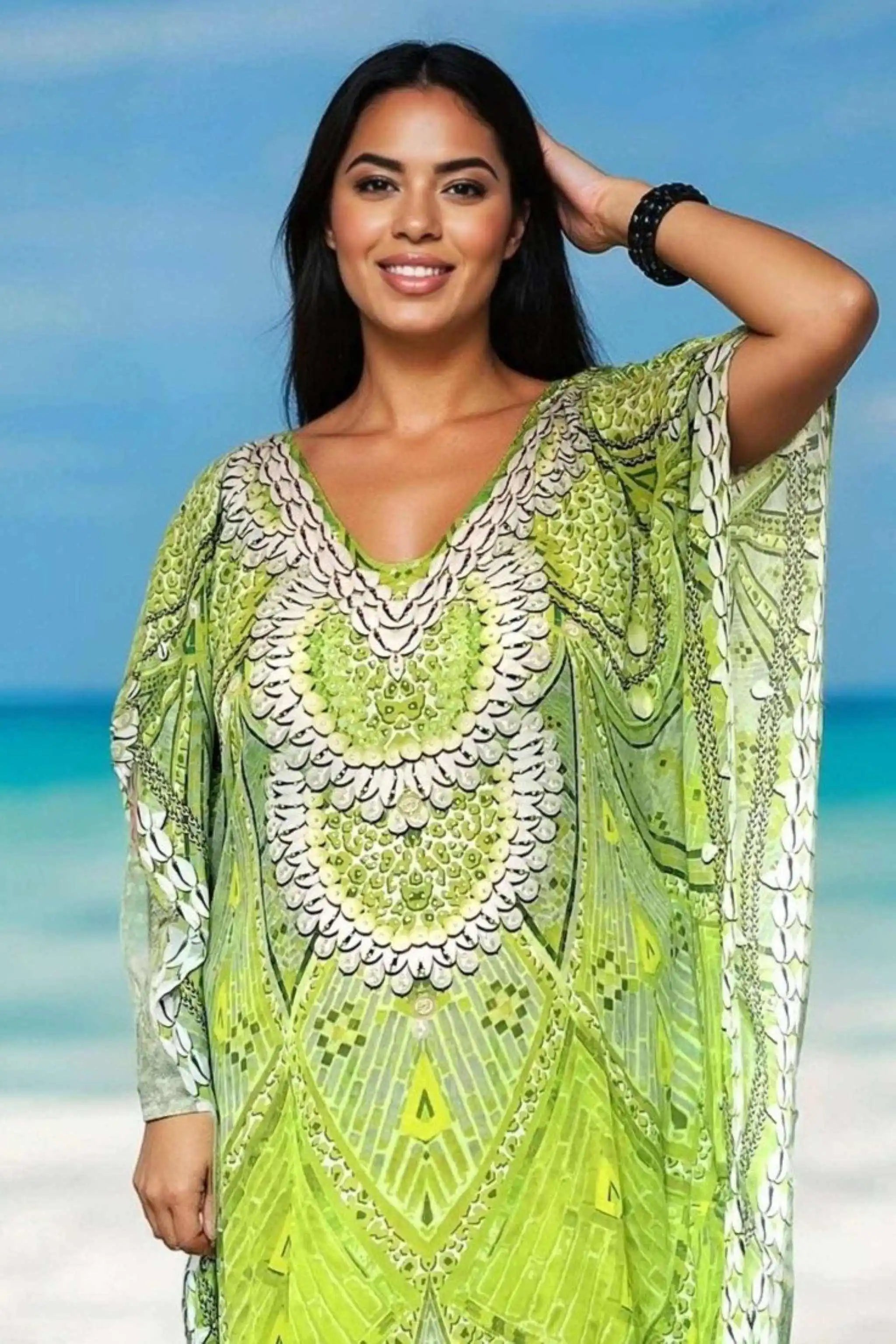 lime green printed beach cover up by Lindsey Brown resort wear