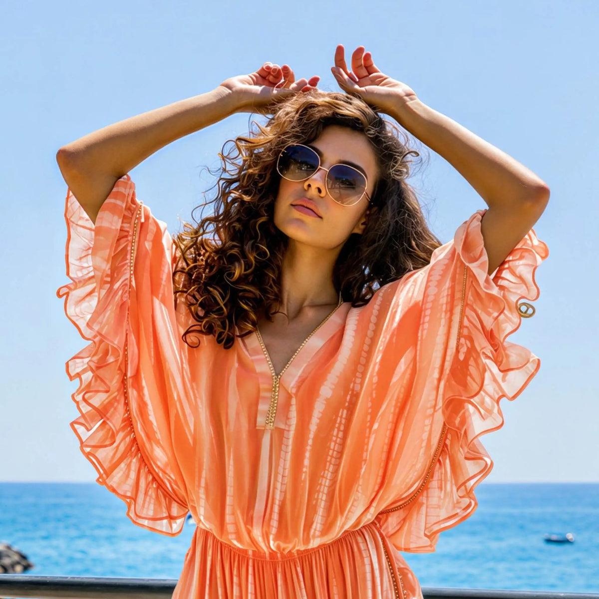 Model wearing a new season Lindsey Brown designer orange ruffled silk kaftan dress overlooking the sea
