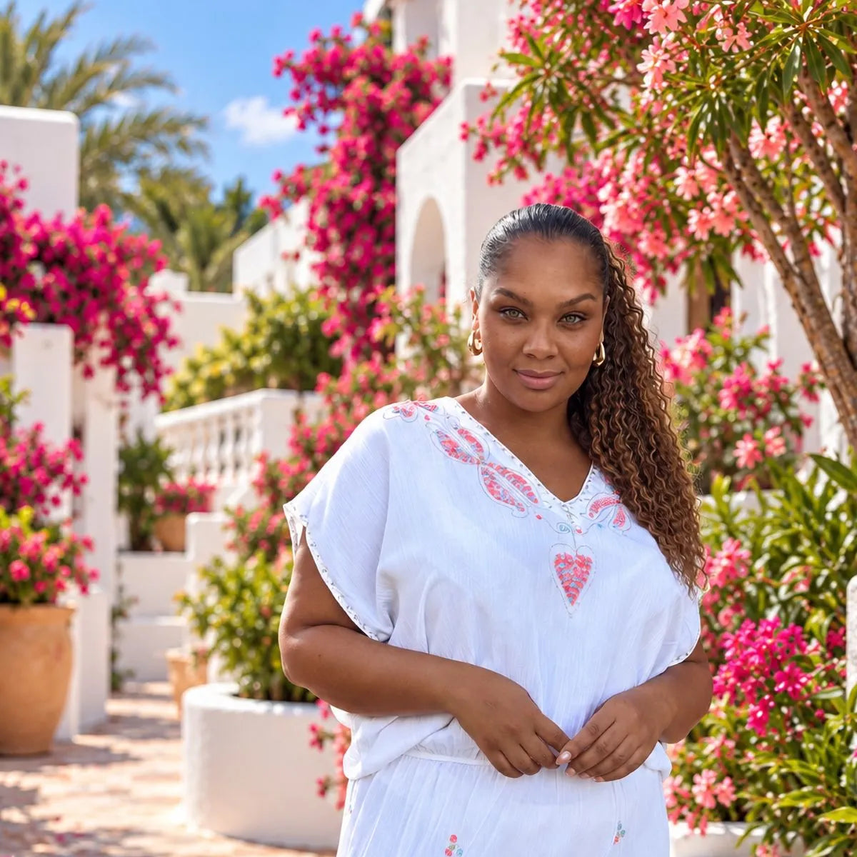Lindsey Brown designer plus size white beach kaftan dress, modelled in a relaxed front pose, showing the flattering blouson shape and pretty pink embroidered V-neckline.