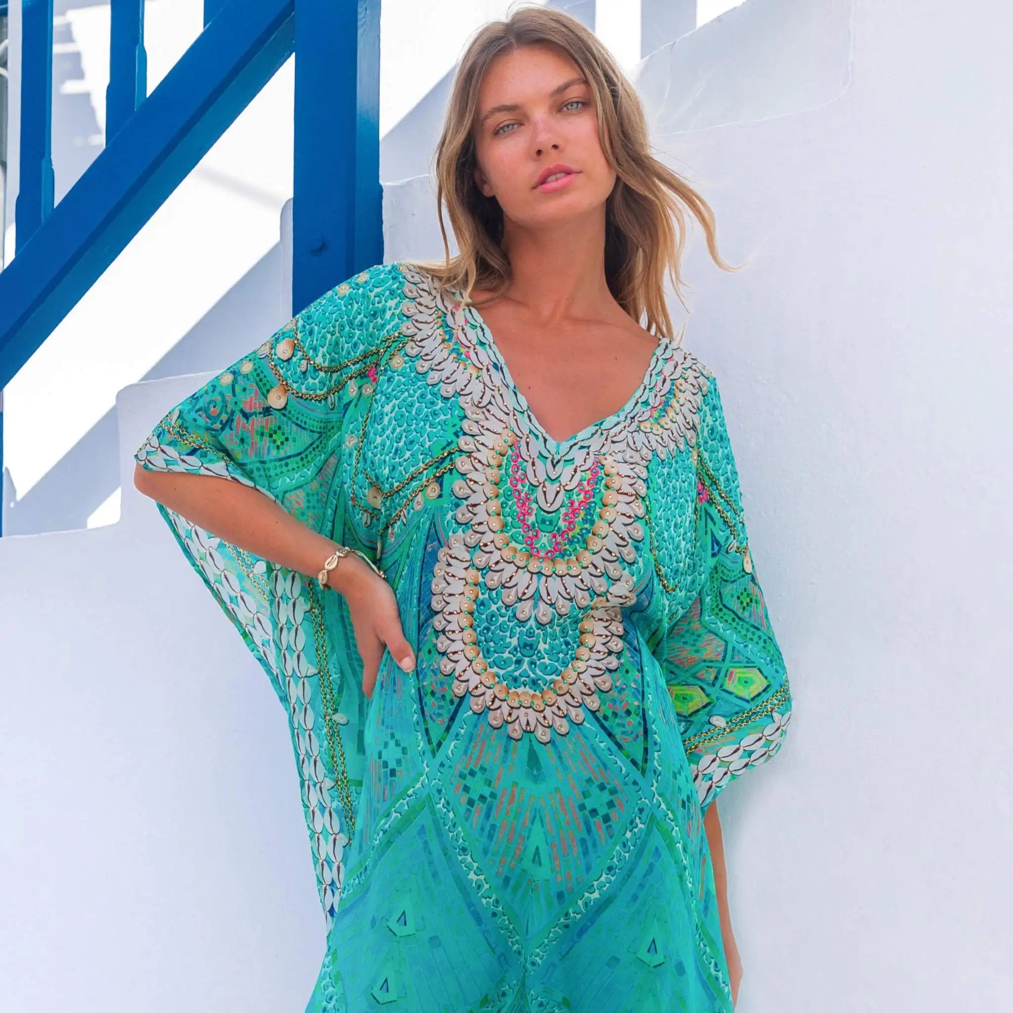 lindsey brown silk resort wear , aqua floaty designer beach cover ups