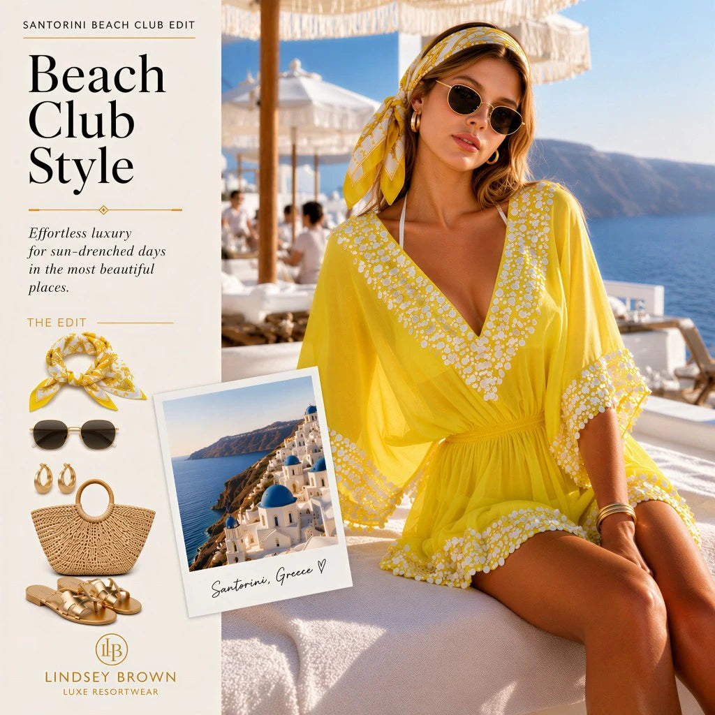 luxury silk resort wear to wear to a beach club in Santorini by lindsey brown resort wear