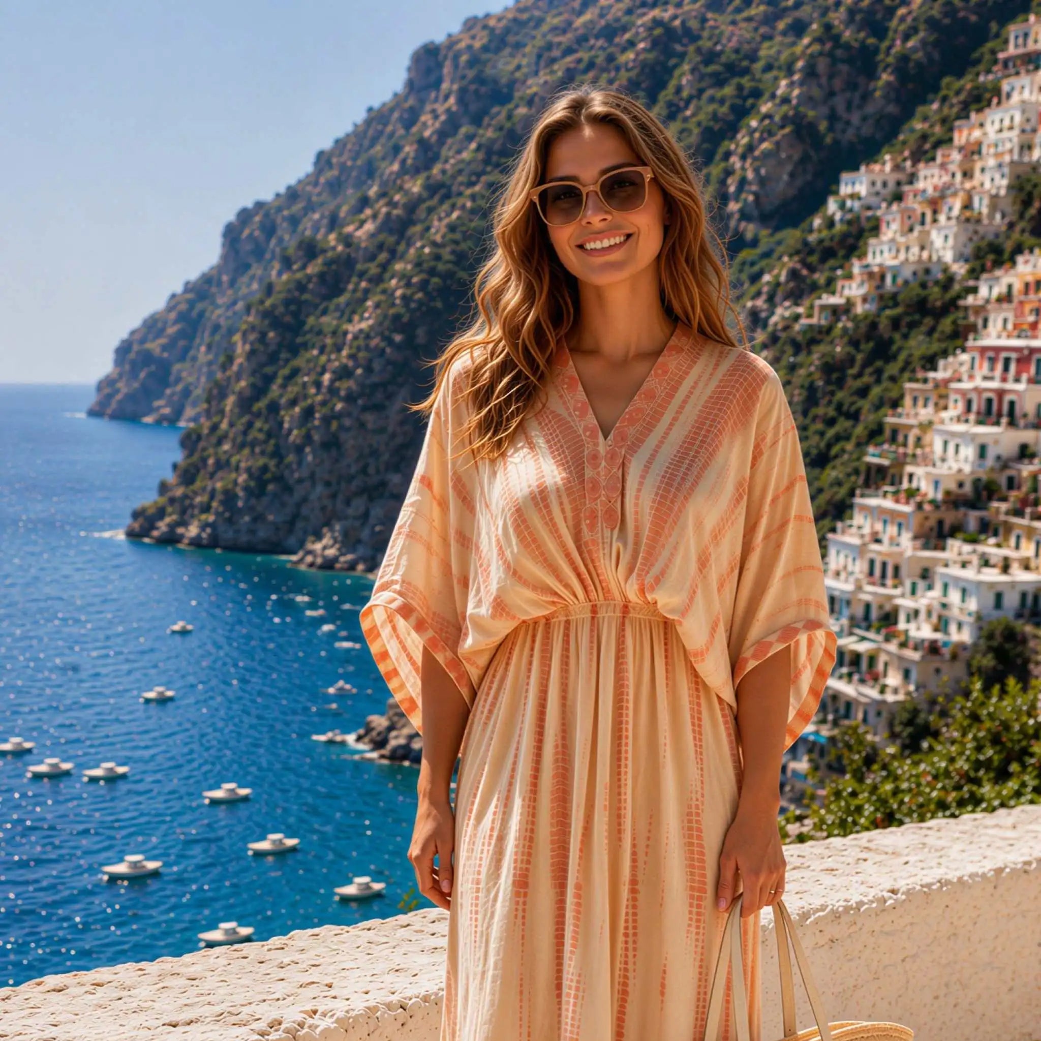 pale peach silk tie dye maxi kaftans to wear on luxury holidays by lindsey brown resort wear