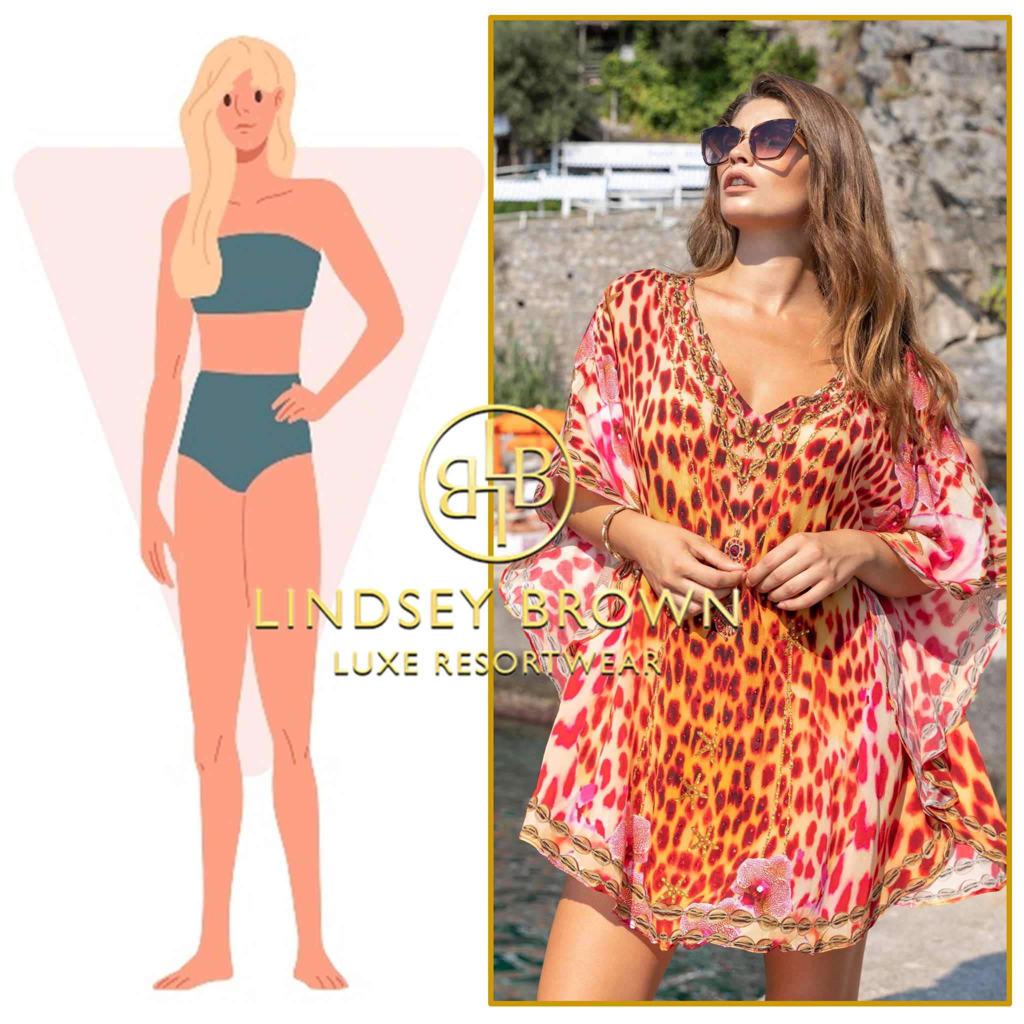 patterned angled printed kaftan to suit an inverted triangle body shape