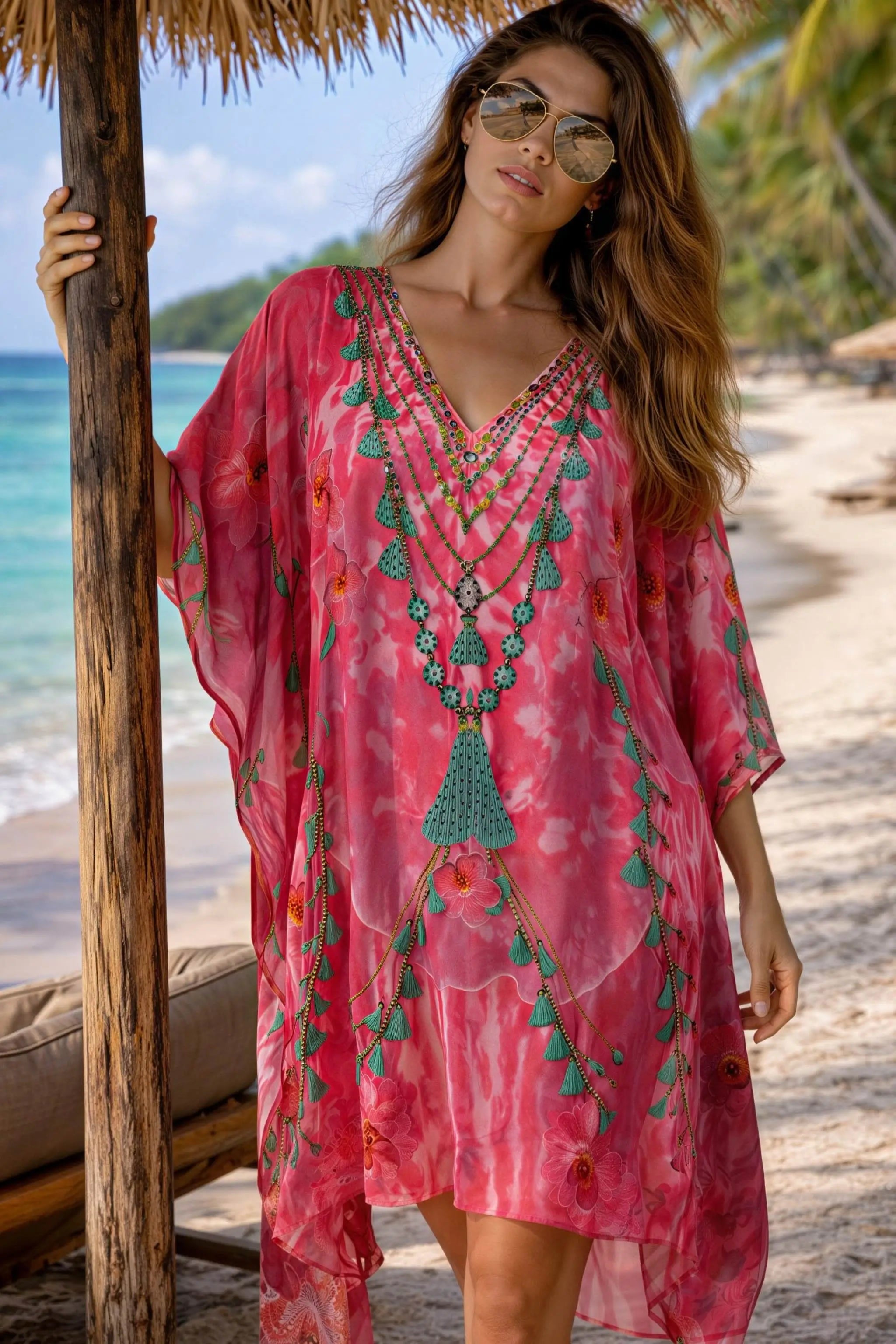 pink printed silk crepe floaty beach coverup