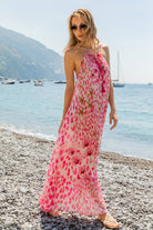 pink silk maxi dress to wear on holiday, loose floaty flattering dresses by Lindsey Brown resort wear