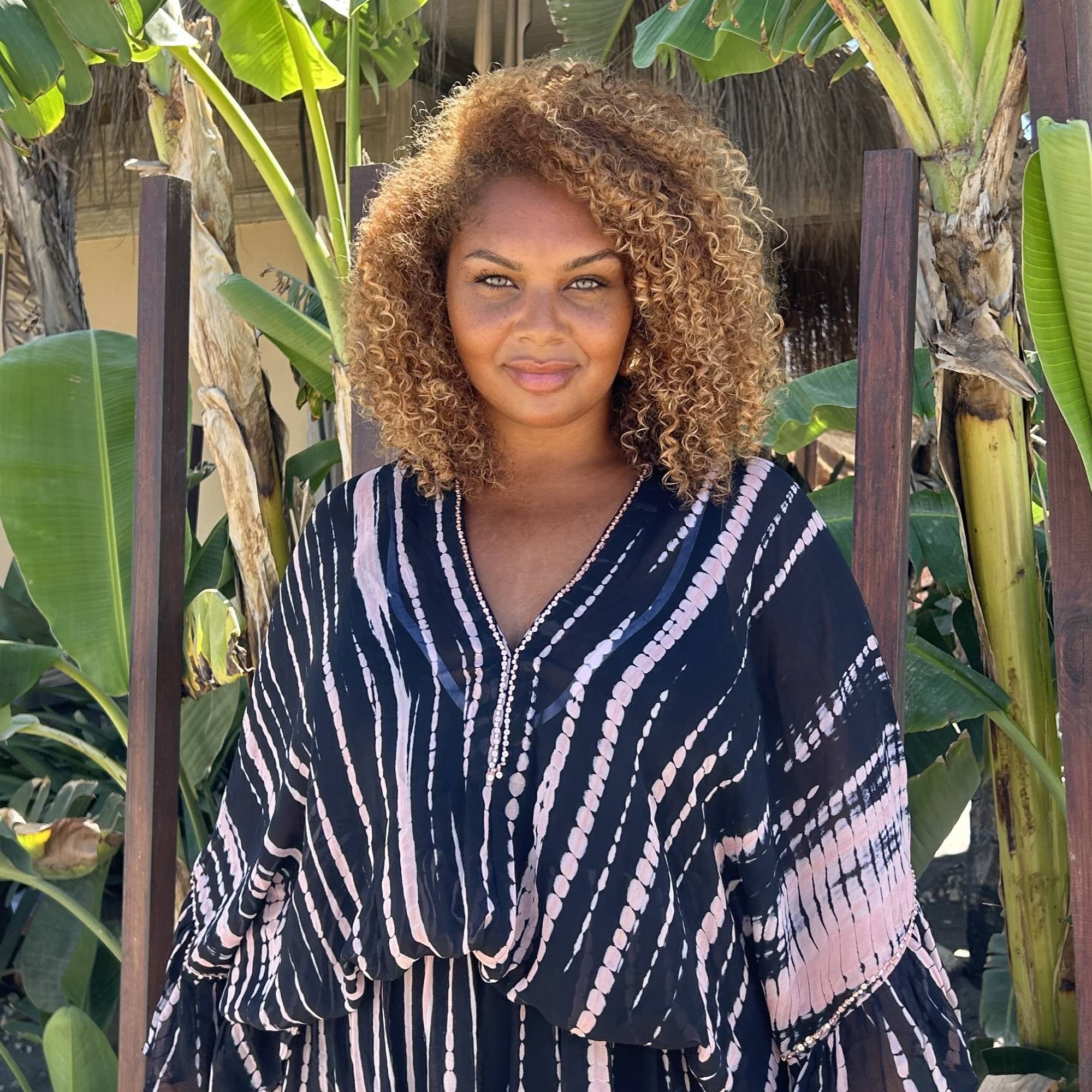 plus size black silk kaftan dress by Lindsey Brown resort wear to wear on holiday