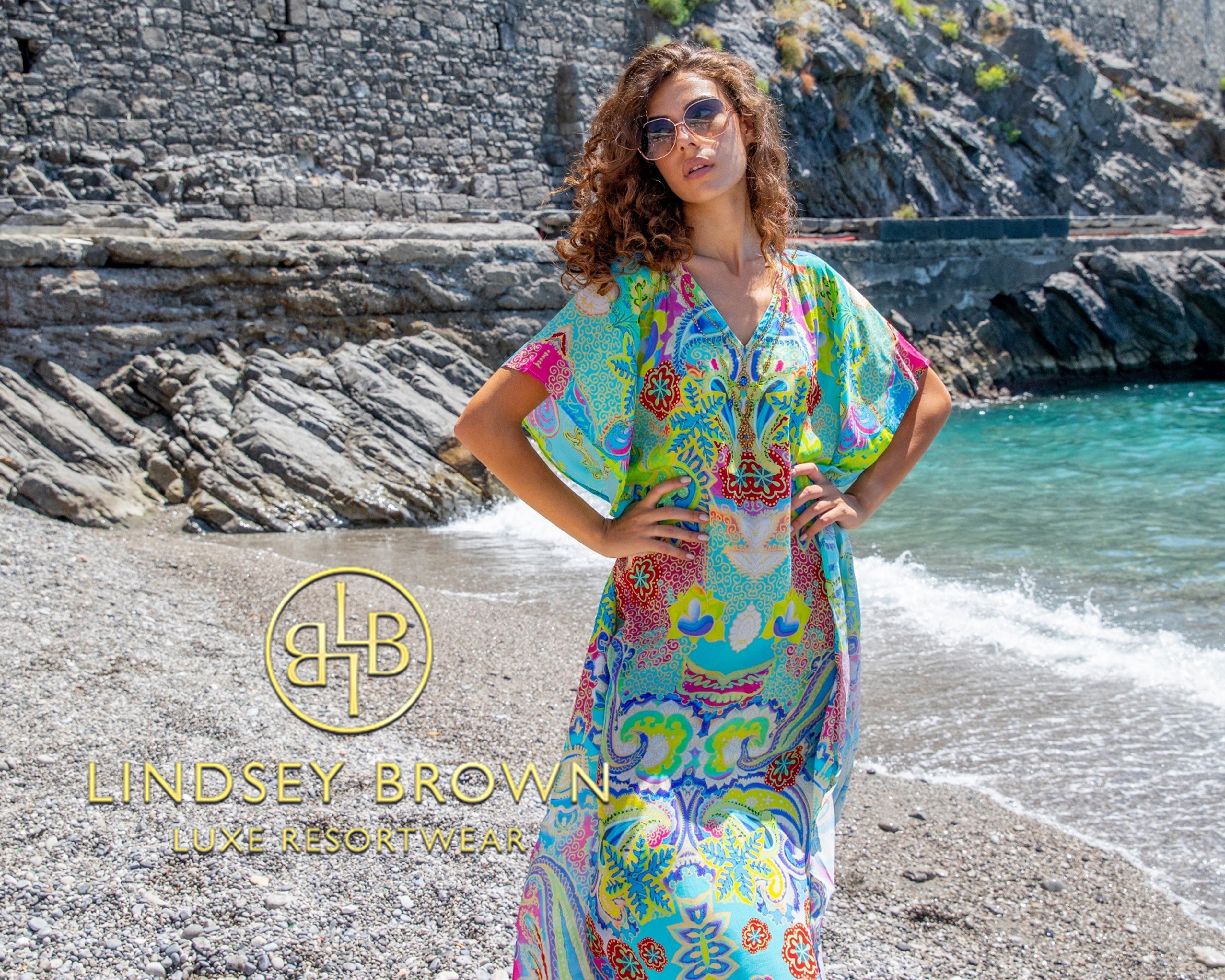 printed silk designer maxi beach coverups by Lindsey Brown