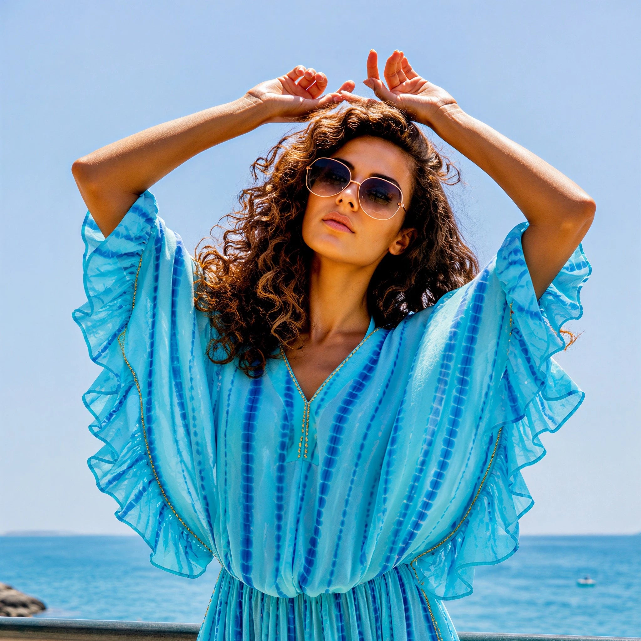 turquoise silk bloused kaftan dress to wear on a luxury holiday by lindsey brown resort wear