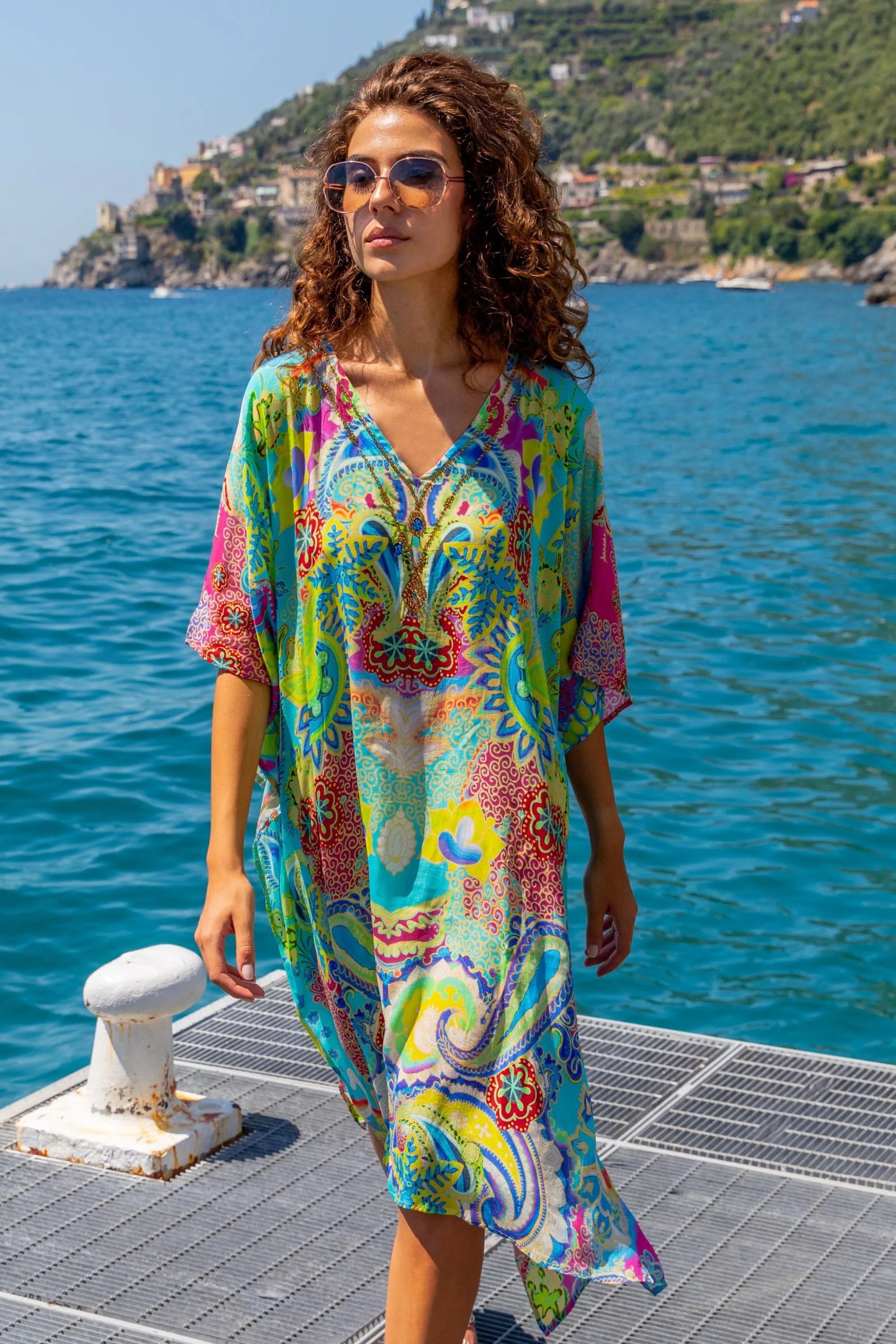 turquoise printed silk beach cover ups by Lindsey Brown resort wear