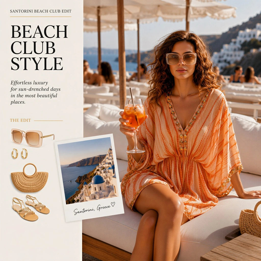 what to wear to a beach club in greece , floaty silk kaftans by lindsey brown resort wear
