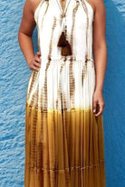 white and tan ombre tie dye silk maxi dresses by Lindsey Brown