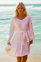 white gold cotton designer beach dresses by Lindsey Brown resort wear 