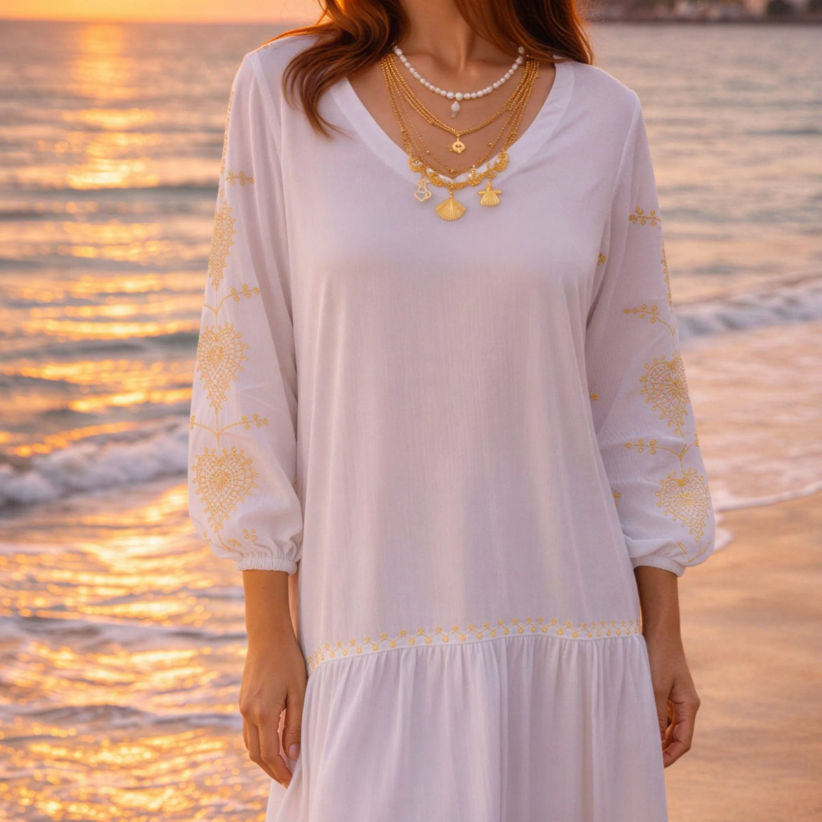 White Gold Long Sleeved Cotton Beach Dress – Lindsey Brown
