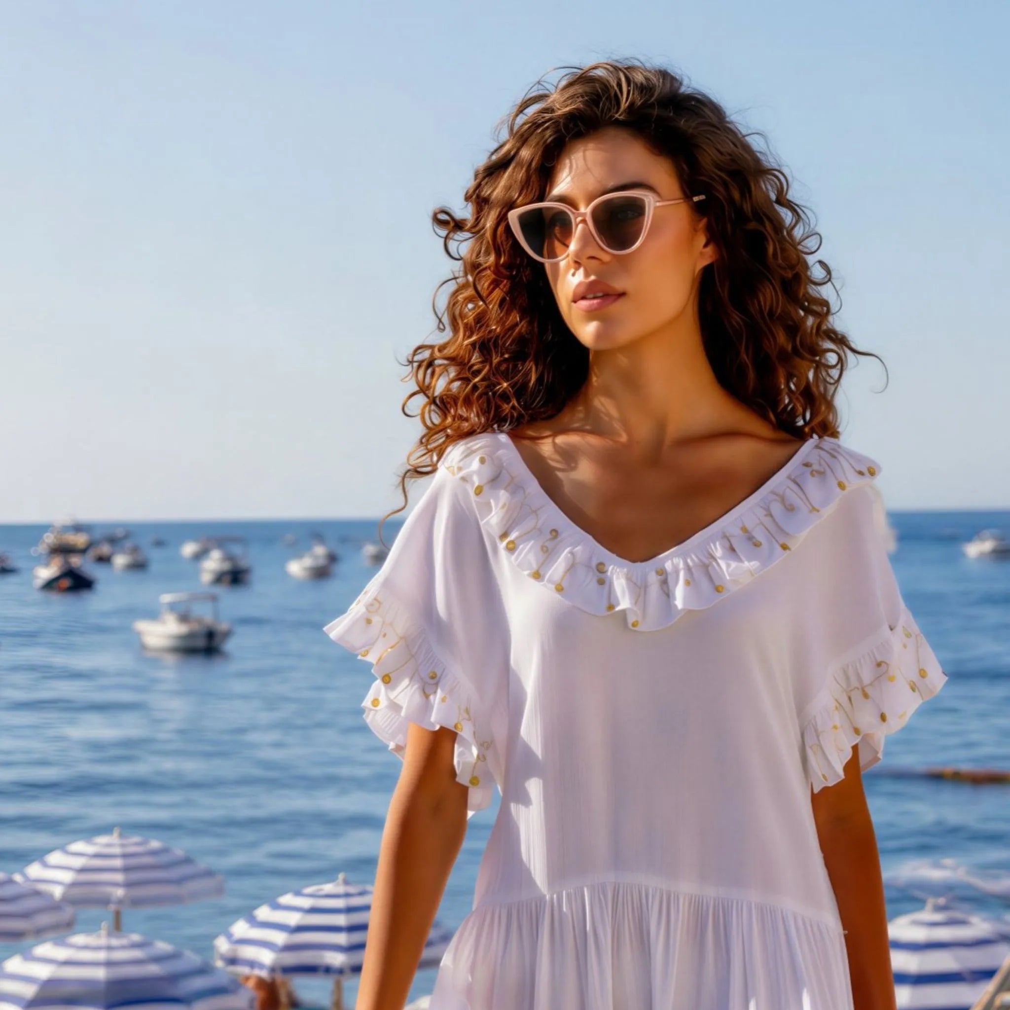 white v neck knee length cotton beach dresses by lindsey brown resort wear