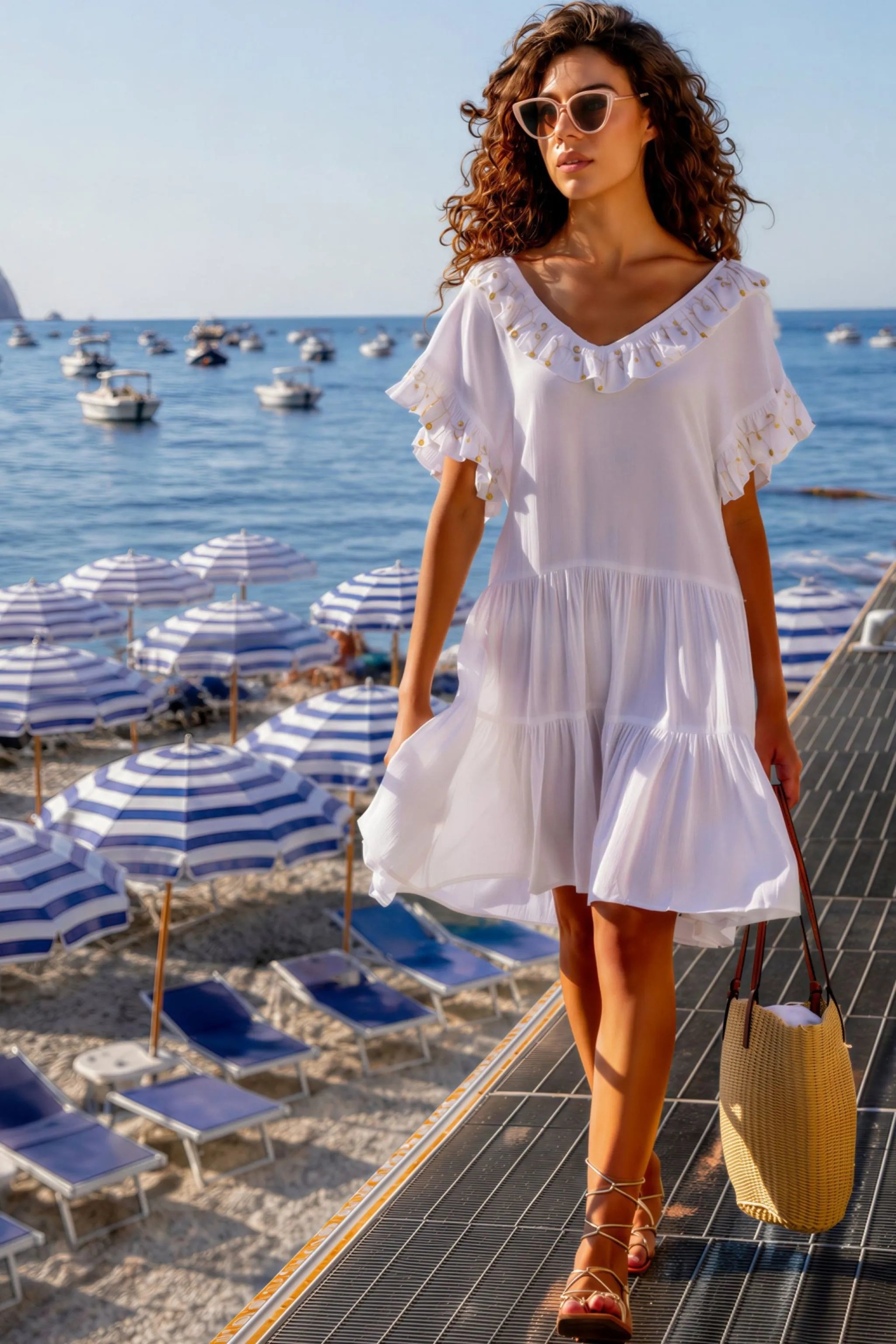 white cotton v neck relaxed fit beach dresses for italian riviera holiday