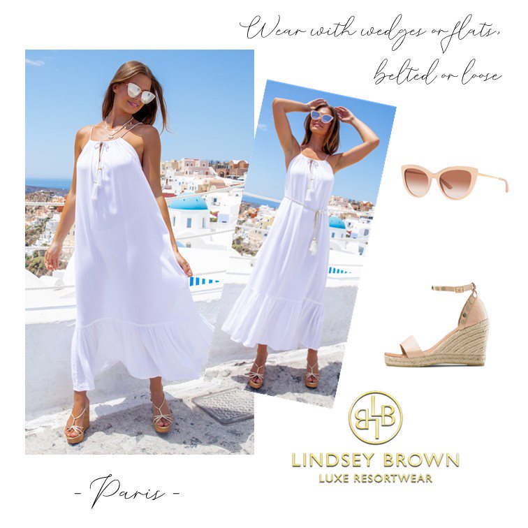 White designer holiday dresses by Lindsey Brown resort wear