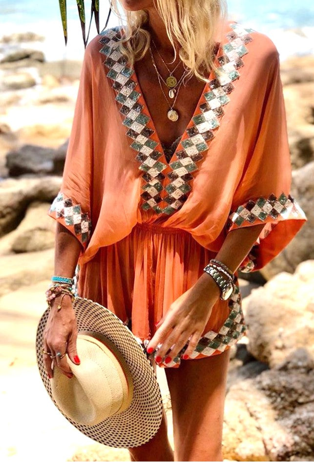 Orange silk kaftans Anna Mavridis wears Lindsey Brown resort wear kaftans