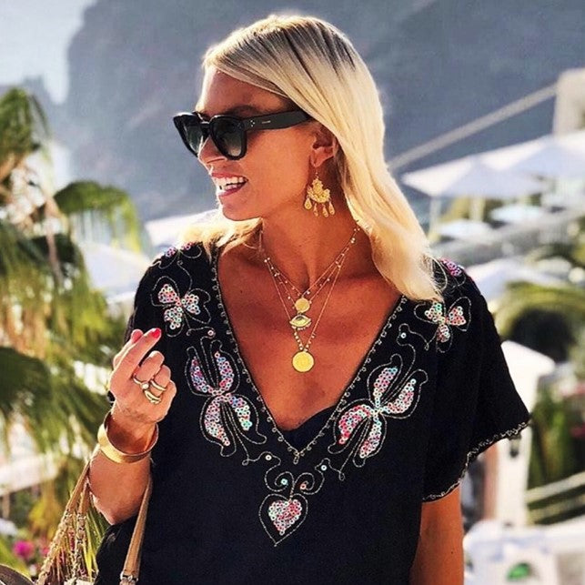 Black Cotton designer beach dress seen on Anna Mavridis by LindseyBrown resort wear