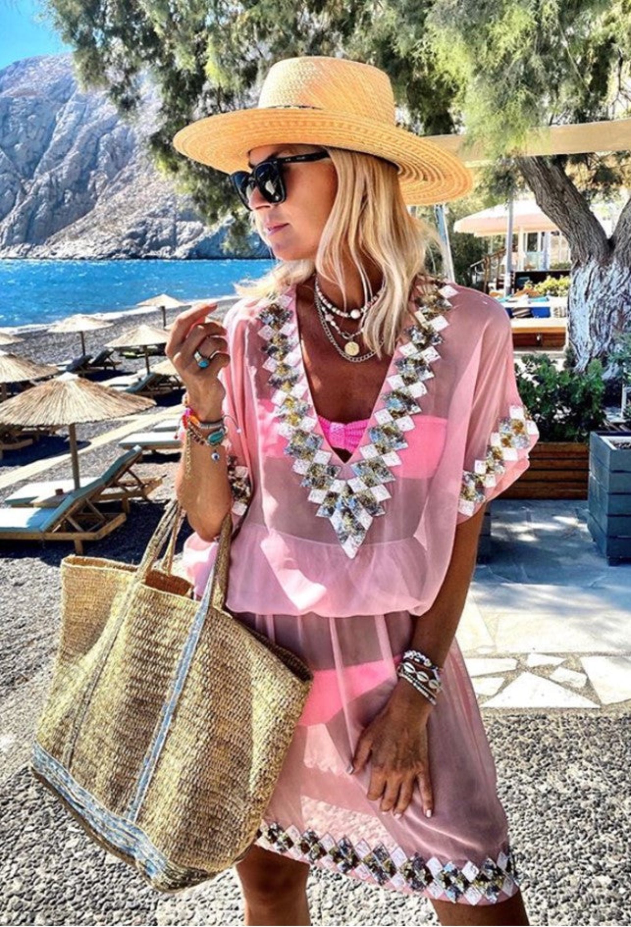 Stunning pink silk kaftan by Lindsey Brown resort wear
