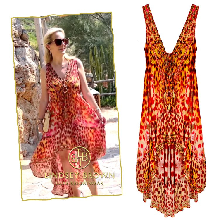 Animal print red silk maxi dresses to wear on holiday by Lindsey Brown resort wear