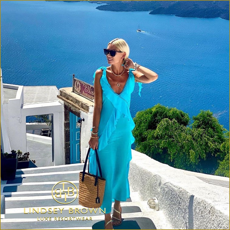Anna Mavridis wears Turquoise Maxi Dress in Santorini 