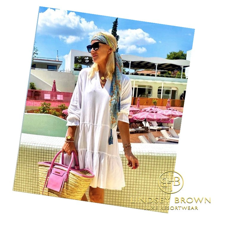 Anna Mavridis wears White Smock Dress by Lindsey Brown resort wear 