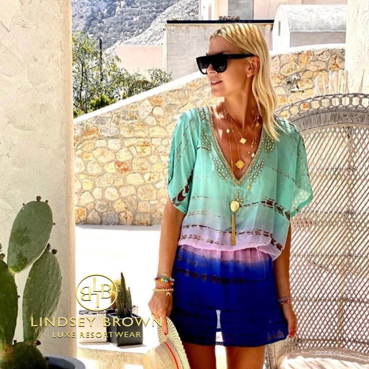 Anna Mavridis wears Aqua silk designer kaftan by LindseyBrown resort wear