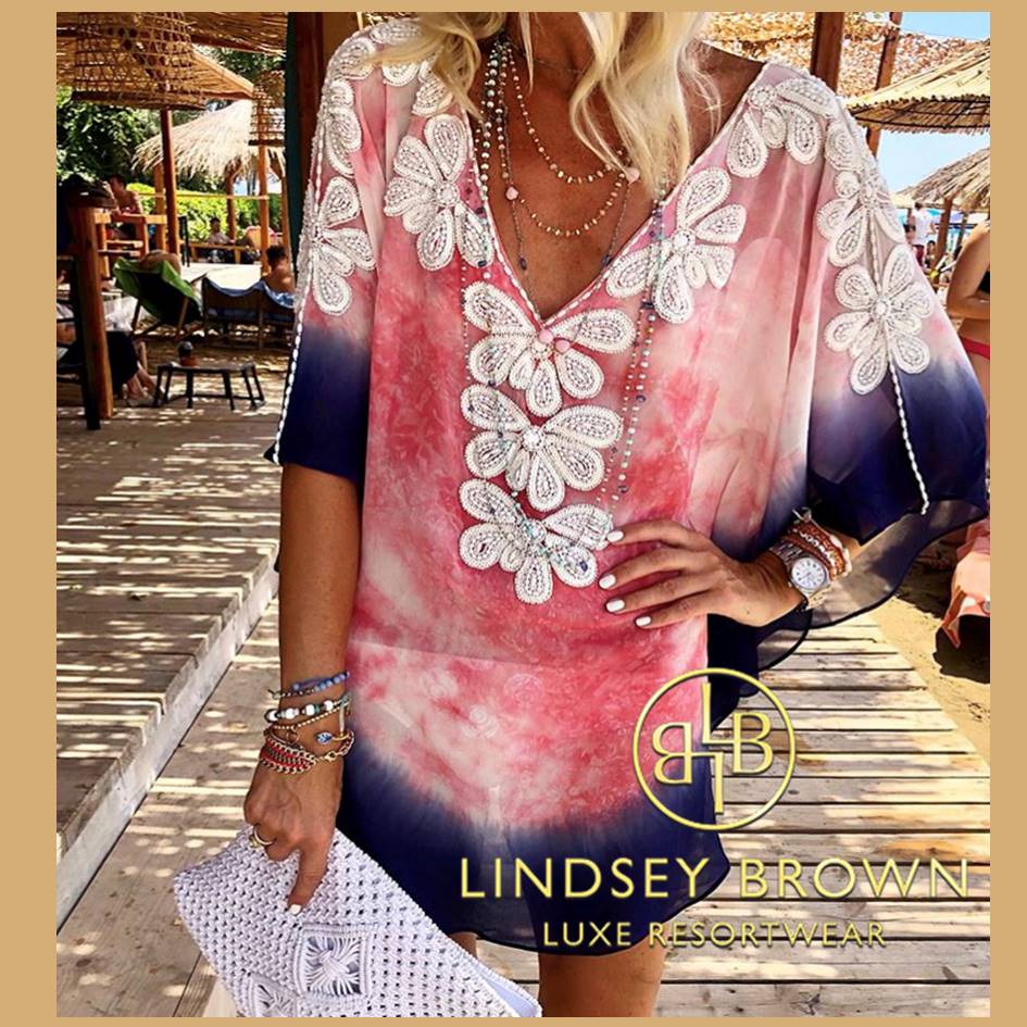Anna Mavridis wears Pink Blue Designer Kaftan by Lindsey Brown resort wear 