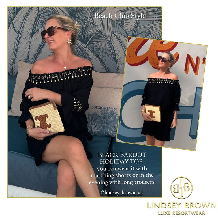 Black Bardot holiday tops by Lindsey Brown resort wear worn by StyleIconAndMore