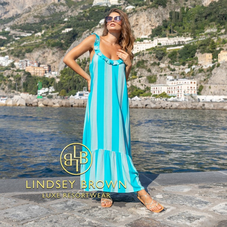 Blue turquoise stripe holiday dress by lindsey brown resort wear 