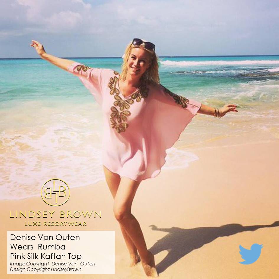 Denise Van Outen wears pink silk designer kaftans luxury resort wear