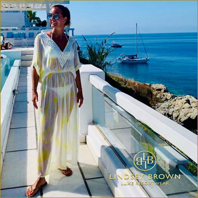 Yellow White Silk Maxi dress by Lindsey Brown resort wear 